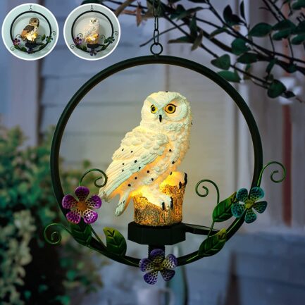 ASFSKY Solar Owl Garden Decorations LED Owl Hanging Ring Statue Retro Metal Waterproof for Outdoor